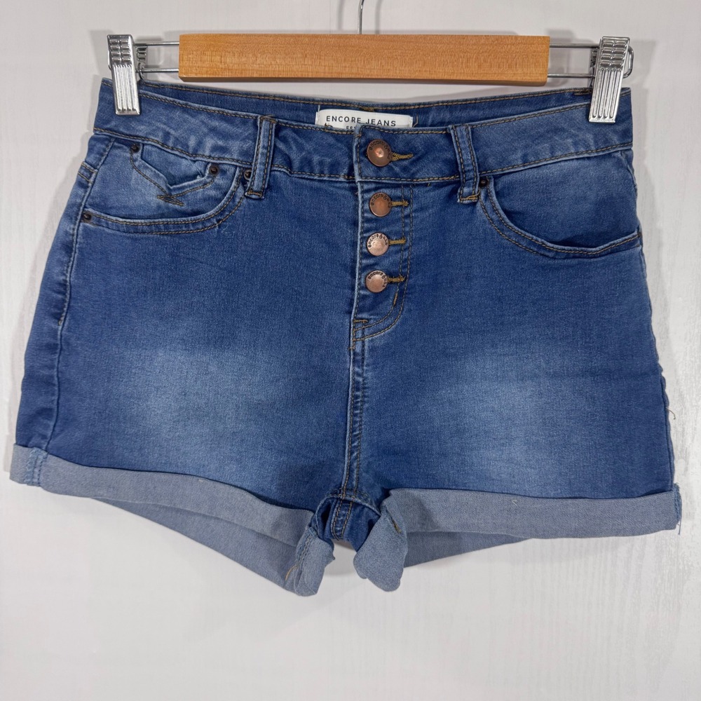 Encore Jeans Est 1988 Denim Shorts Blue Button Fly High Waist Cuffed Size 7